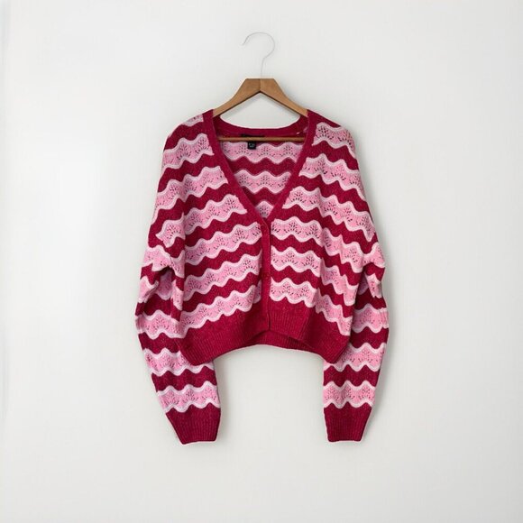 Primark Acrylic Pink Wavy Striped Cardigan Sweater Size Medium White - Picture 1 of 5